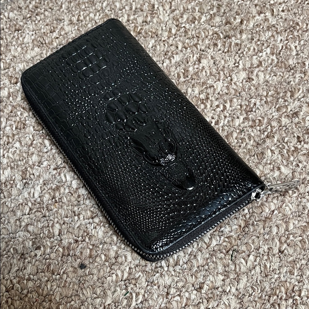 Black Crocodile Embossed Zip Wallet